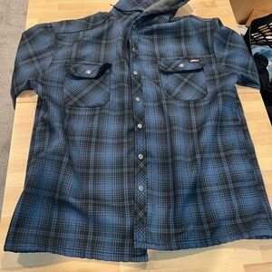 Dickies Men's Black and Blue Plaid Button Down Shirt